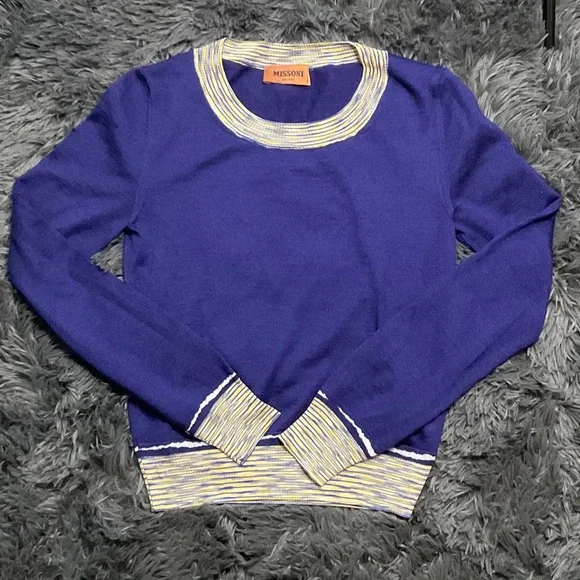 Missoni Cashmere Blend Royal Blue and Cream Crew Neck Sweater EU Size 38 - Picture 5 of 10